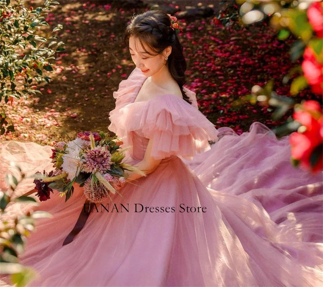 

FANAN Strapless Pink Evening Party Dresses Korea Tulle Off Shoulder Corset Ruffles Wedding Women Formal Gowns Event Prom Gowns