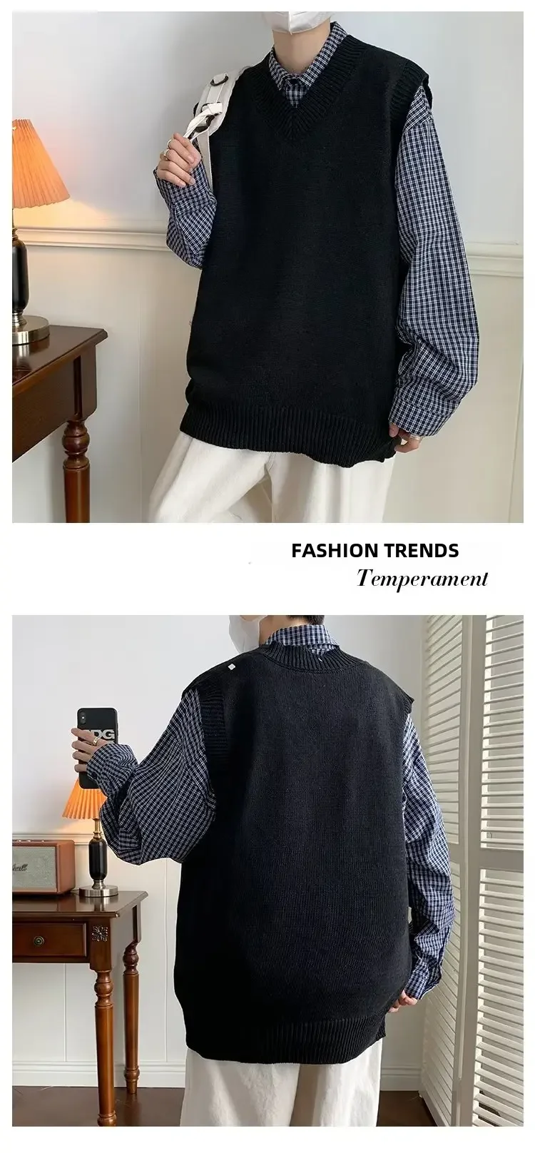 Men's V-neck Knitted Sweater Solid Color Autumn Japanese Style Sleeveless Casual Pullover Youth Trendy Artistic Couple