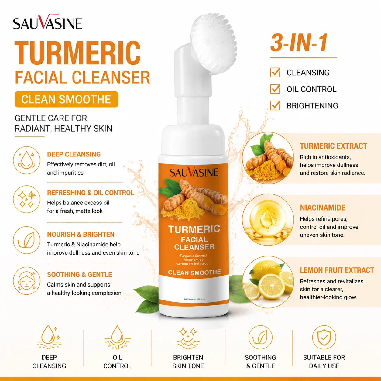 Turmeric-Infused Foaming Facial Cleanser with Niacinamide & Lemon Extract - Purifying Face Wash
