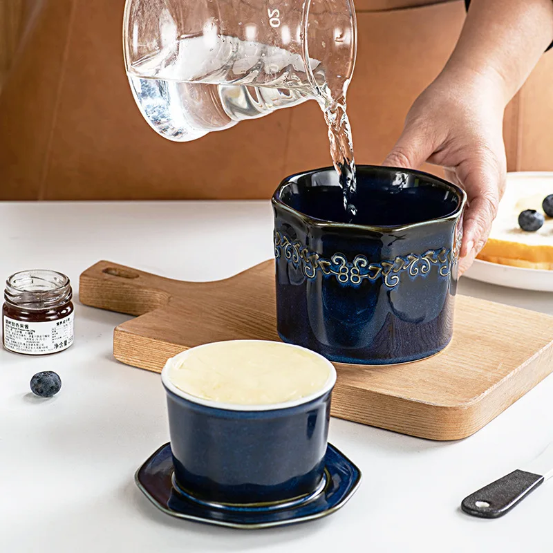 French Butter Crock with Lid for Kitchen Countertop,Ceramic Soft Butter Dish with Knife,Cheese Container Keeper With Waterline