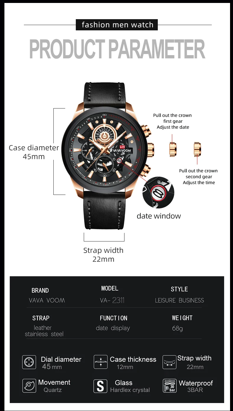Brand Men Leather Watch Fashion Industrial Gear Clock 45mm Gold Quartz Movement Waterproof Man Military Sports Watch_voghion.com