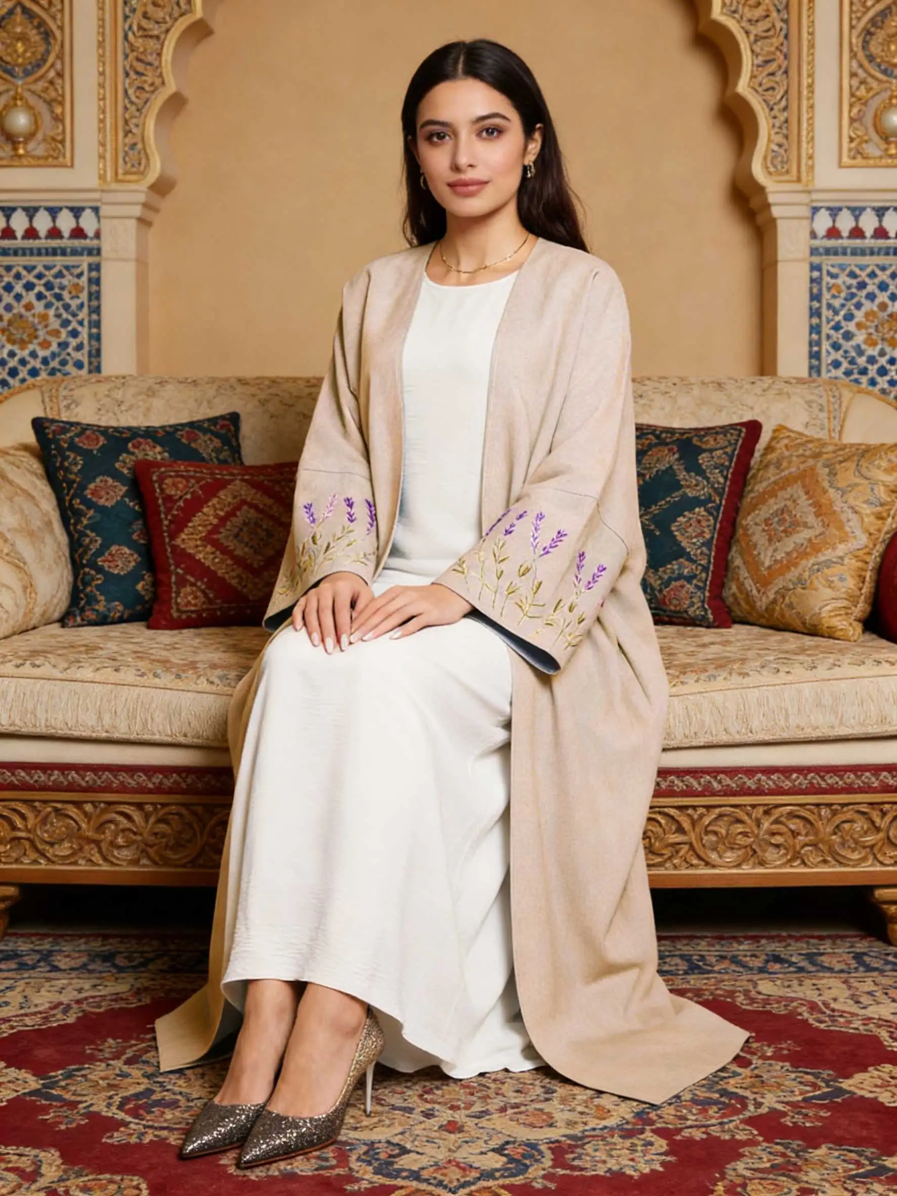 Open-Front Abaya Lavender Embroidery Cuff Design Women Muslim Moroccan Kaftan Ramadan Jalabiya Islam Dubai Arabic