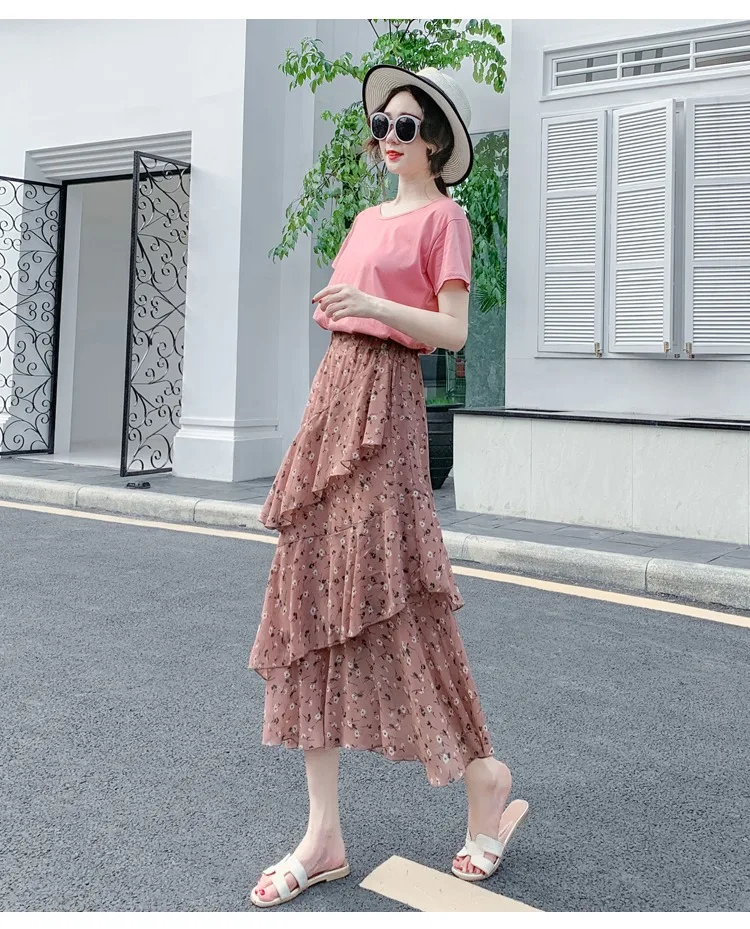 Summer Skirts Womens 2022 New Polka Dots Floral Print Chiffon Pleated Skirt Irregular Cake Skirt Casual Midi Skirt Women Clothes hoop skirt