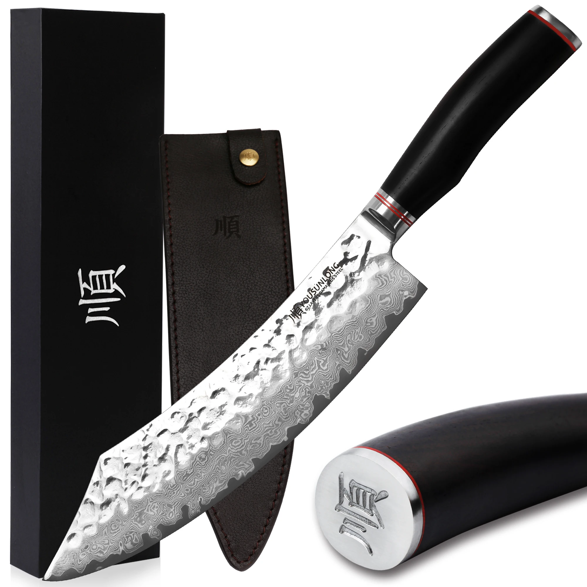 

YOUSUNLONG Butcher Knife Pro 10" Cimitar Hybrid Cleaver Japanese Hammered Damascus Steel Natural Leadwood Handle