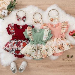 Infant Baby Girl Bodysuit Summer New Fashion Floral Print Bow Mesh Romper Dress for Newborns Cotton Short Sleeve Kids Clothes