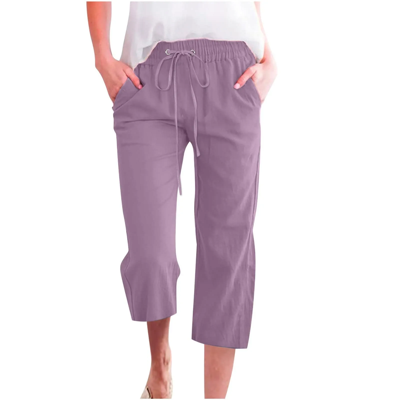 

Cropped Pants For Women Casual Summer Solid Color Elastic High Waist Cotton Linen Loose Pants Drawstring Pocket Straight Pants