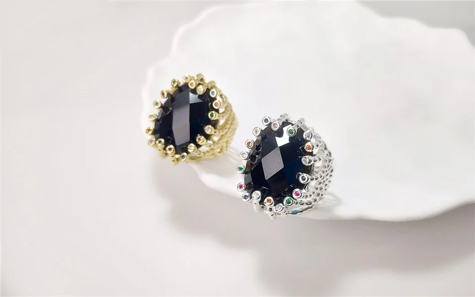 FUWO 1Pc Luxury Natural Semi Precious Stone Ring,Golden/Silver Plated Obsidian Rings With Colourful Zircon For Women RG057O