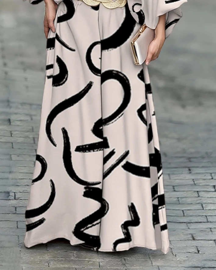 Two Piece Set for Women 2024 Spring Abstract Print Three Quarters Sleeve Skew Neck Top & High Waisted Wide Leg Pants Set