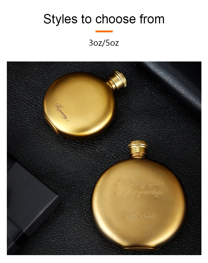 Description Picture 5 of item5oz high-end gold stainless steel round hip flask, stainless steel whiskey flagon, outdoor portable alcohol bottle with funnel