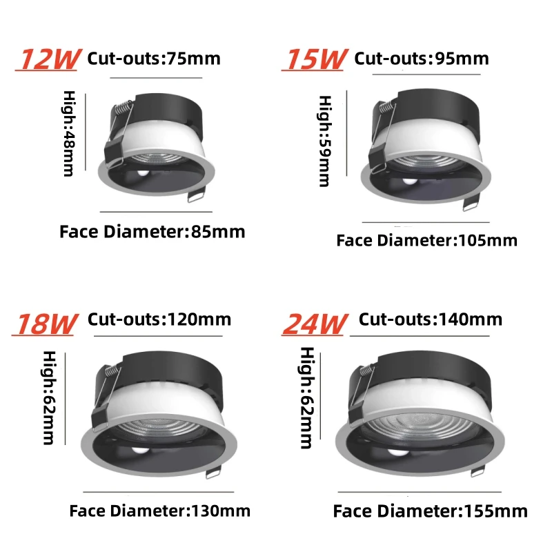 매입형 눈부심 방지 LED 통 디밍 가능 AC 85-265V 천장 조명 스포트라이트 12W 15W 18W 24W 가족 거실 침실 조명