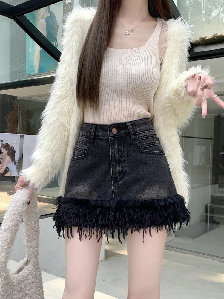 

2024 New Korean Vintage Tassel Black Denim Skirt for Women Retro Autumn High Waist Skirts Y2k Grunge Bodycon A-line Faldas Mujer