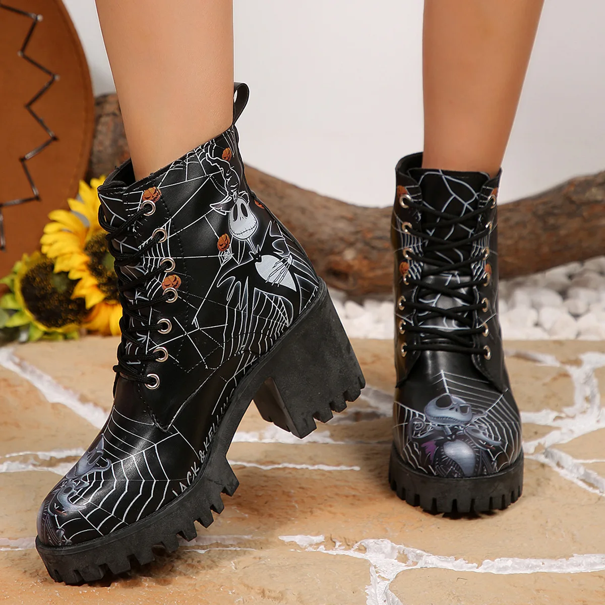 Halloween Platform Ankle Boots for Women Cartoon Skull Pumpkin Print Boots Woman Thick Bottom High Heel Lace Up Booties Ladies