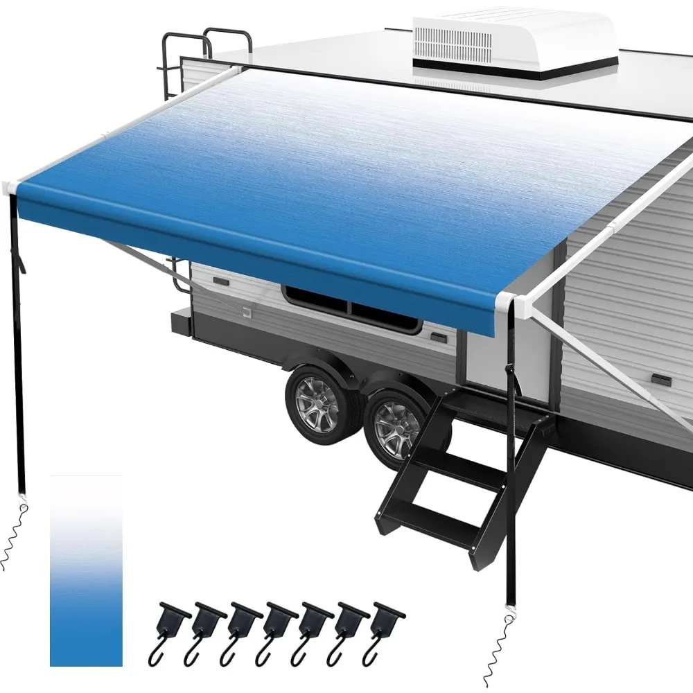 

18oz RV Awning Fabric Replacement, Heavy Duty Vinyl, with Awning Tie Down Kits & 7 Awning Hooks & Pull Strap for Trailer Camper