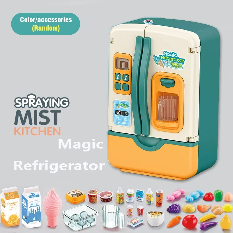 Children Play House Toy Simulation Electric Refrigerator Kitchen Pretend Play Game with Light Spray Toys for Girl Christmas Gift