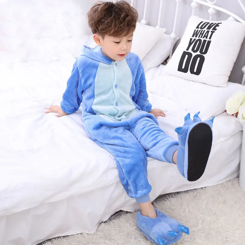 Winter Kids Stitch Onesie Pajamas Children Sleepwear Boy Girl Unicorn Panda Kigurumi Anime One Piece Pijama Flannel Nightwear