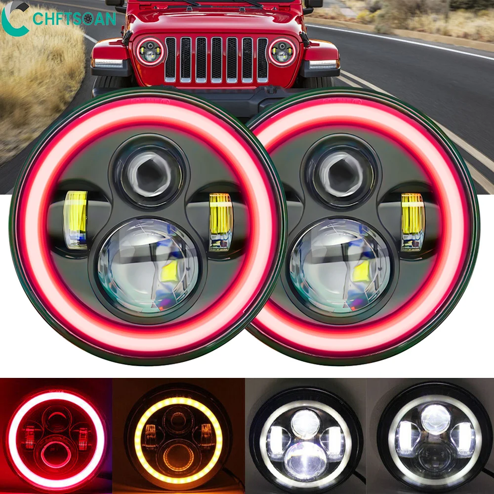 

Chftsoan 7-inch Round Headlight LED Red Halo Angel Eyes Headlight 200W 20000LM for Wrangler Jeep JK Halley Headlight 6000K 9-30V