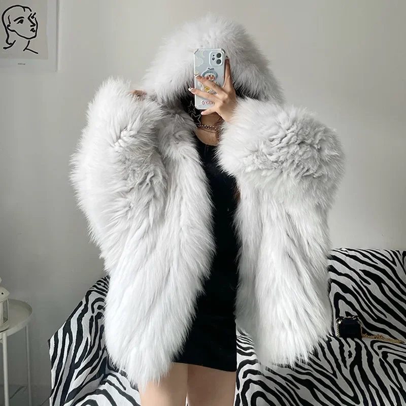 Fox Fur Double-sided Woven Warm Jackets Women's Clothing Coat Hooded Silhouette Genuine Fur Medium Length Thick Sexy Tops 2023
