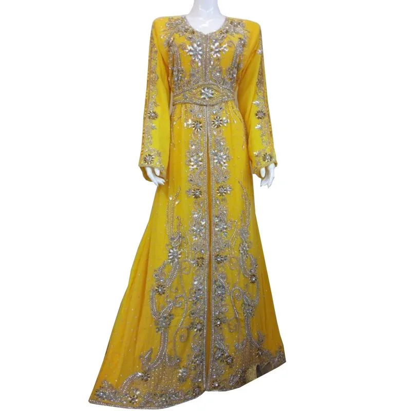 

Yellow Elegant Moroccan Fancy Kaftan Arabian Dubai Abaya Wedding Gown Caftan