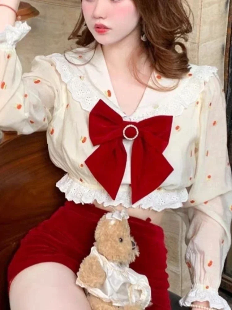 

Lace Korean Kawaii Two Piece Set Women Bow France Vintage Skirt Suit Female 2024 Peter Pan Collar Blouse + Red Party Mini Skirt