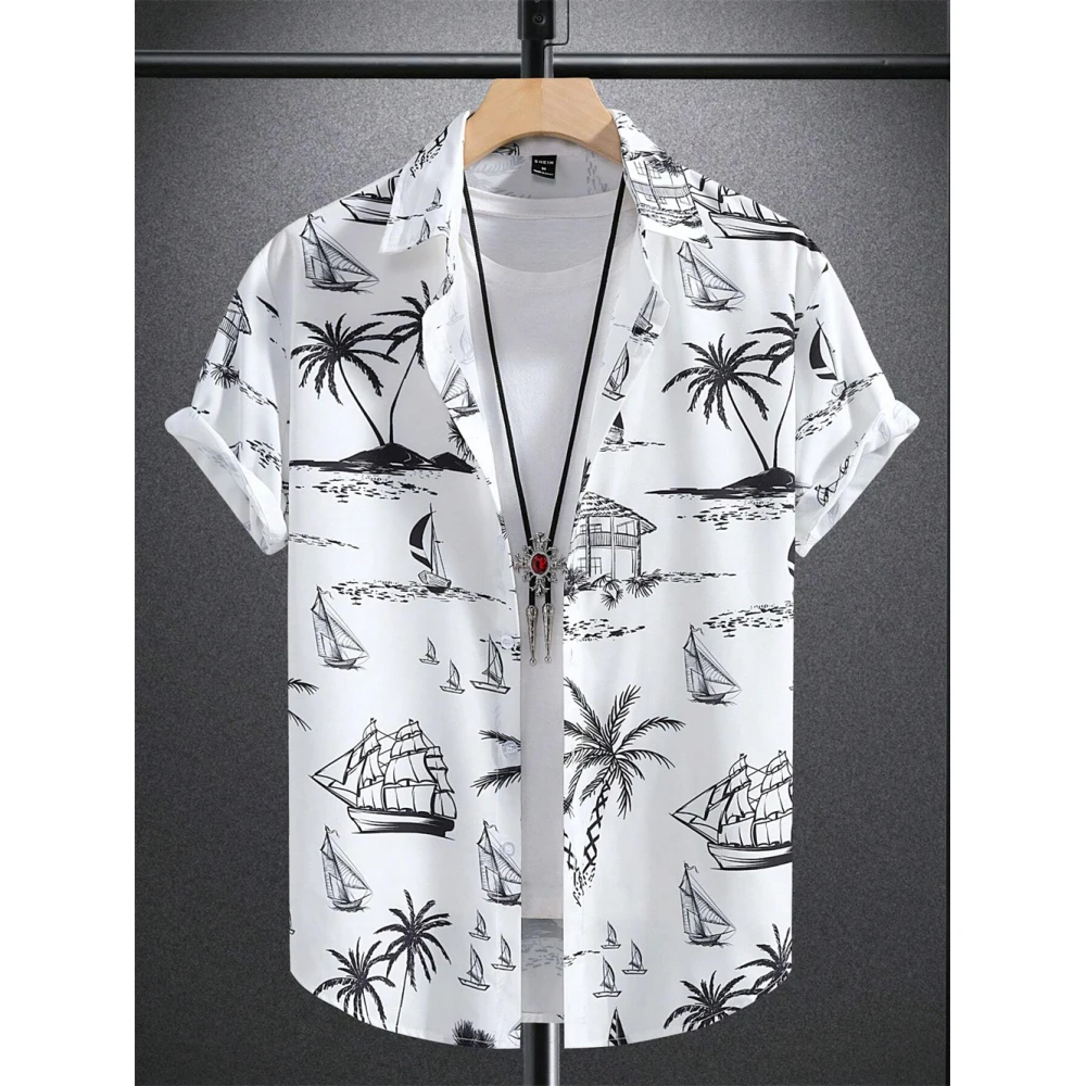 Casual Short Sleeved Shirt Short Sleeved Shirt Button Down Shirt Men's Coconut Tree Graphic Print Short Sleeve Lapel Shirt Tops Men's Casual Button down Shirts Clothing Versatile