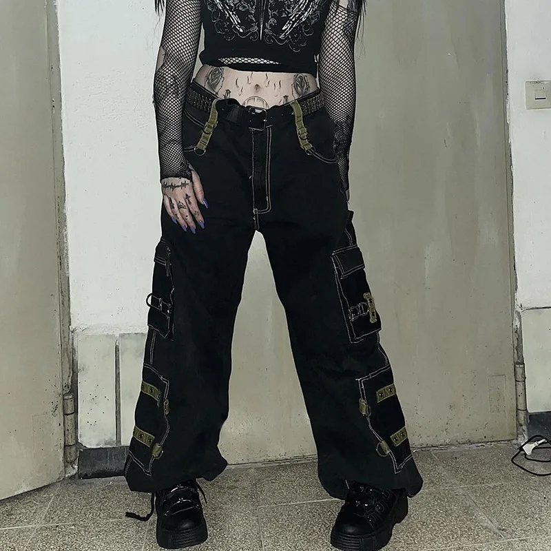 

Harajuku Vintage Denim Cargo Pants Women Dark Academia Gothic Metal Eyelet Straight Trousers Y2k Cyberpunk Emo Alt Jeans