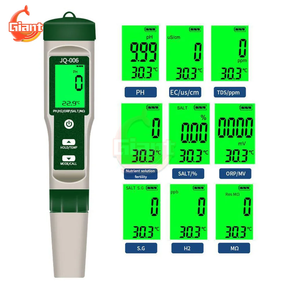

JQ006 10-in-1 Water Quality Tester PH/TDS/EC/SALT/TEMP/S.G/ORP/H2/Fertile/Resistivity Tester Pen Multifunctional Analysis Tester