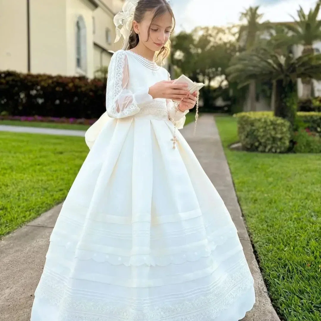 

Ivory Satin Flower Girl Dress Elegant O-neck Lace Bow Child Wedding Party Kids Birthday Princess First Communion Dresses