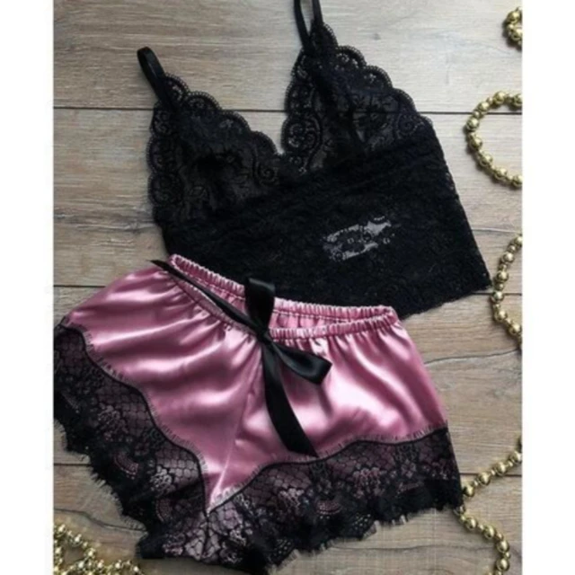 Ensemble pyjama en satin pour femmes, haut en dentelle et short, lingerie sexy, vêtements de nuit 2 pièces, vêtements de nuit respirants d'été, noir et rose