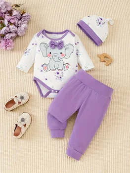 3Pcs/Set Baby girl Cute Elephant Purple Bodysuit+pants+Hat Set Suitable for Newborns aged 0-12 Months in Spring and Autumn 1