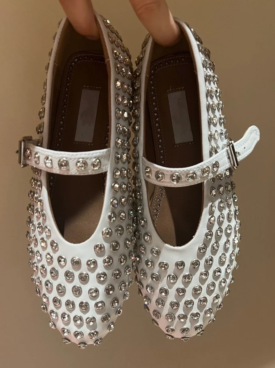 22024 Real Leather Round Toe Ballet Shoes Diamond-inserted Studded Loafers Casual Luxury Designed Flats For Women Fashion Shoes