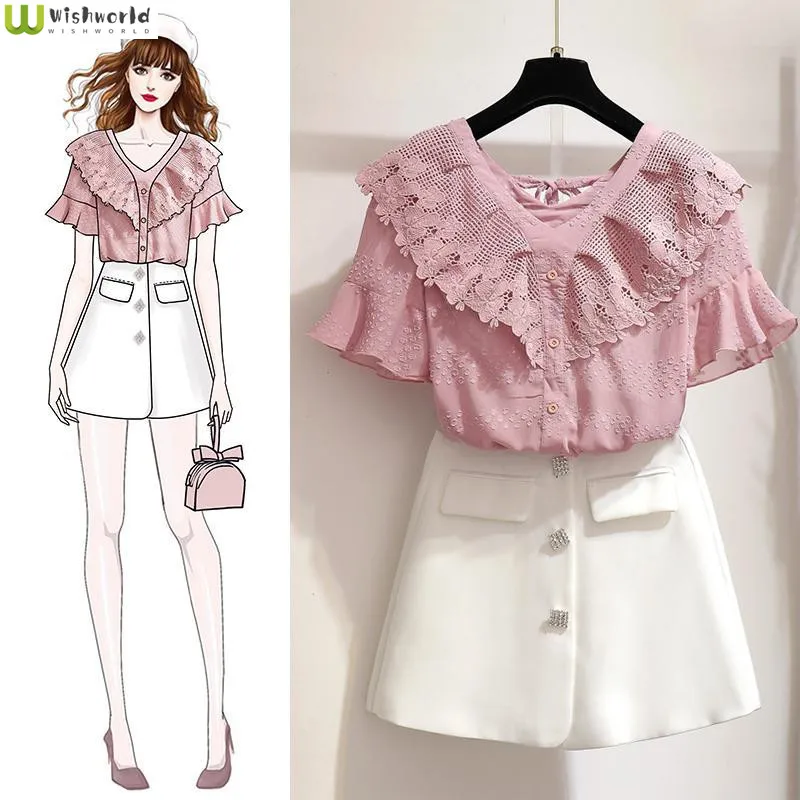 Sweet and Fresh Women's Suit Korean Version Foreign Style Summer 2020 New Lace Shirt Two-piece Elegant Women's Skirt Suit