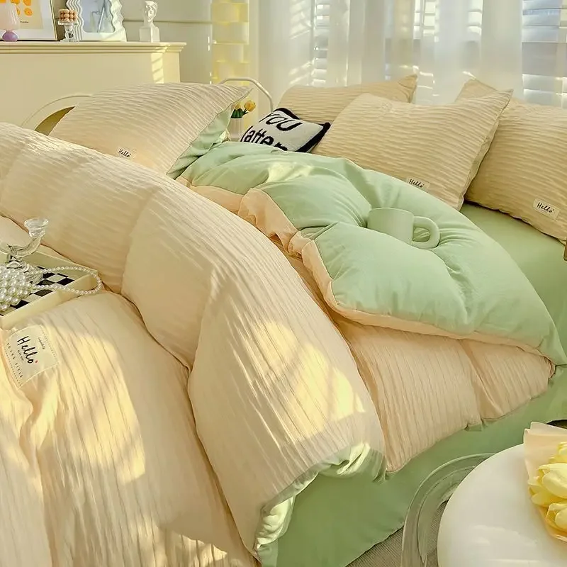 Seersucker 솔리드 컬러 워싱 코튼 침구 세트, 극세사 이불 커버, 플랫 시트 베갯잇, 부드러운 이불 커버 세트 