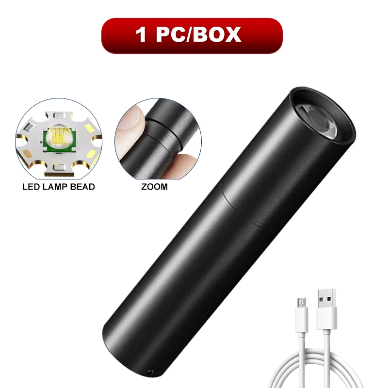 Mini Flashlight USB Rechargeable Aluminum Alloy Flashlight Super Bright LED Bead Adjustable Focus Long-range Portable Flashlight