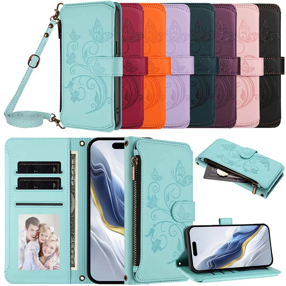 Zipper Wallet Flip Case with Multi-Card Slots and Strap - Stylish Phone Cover