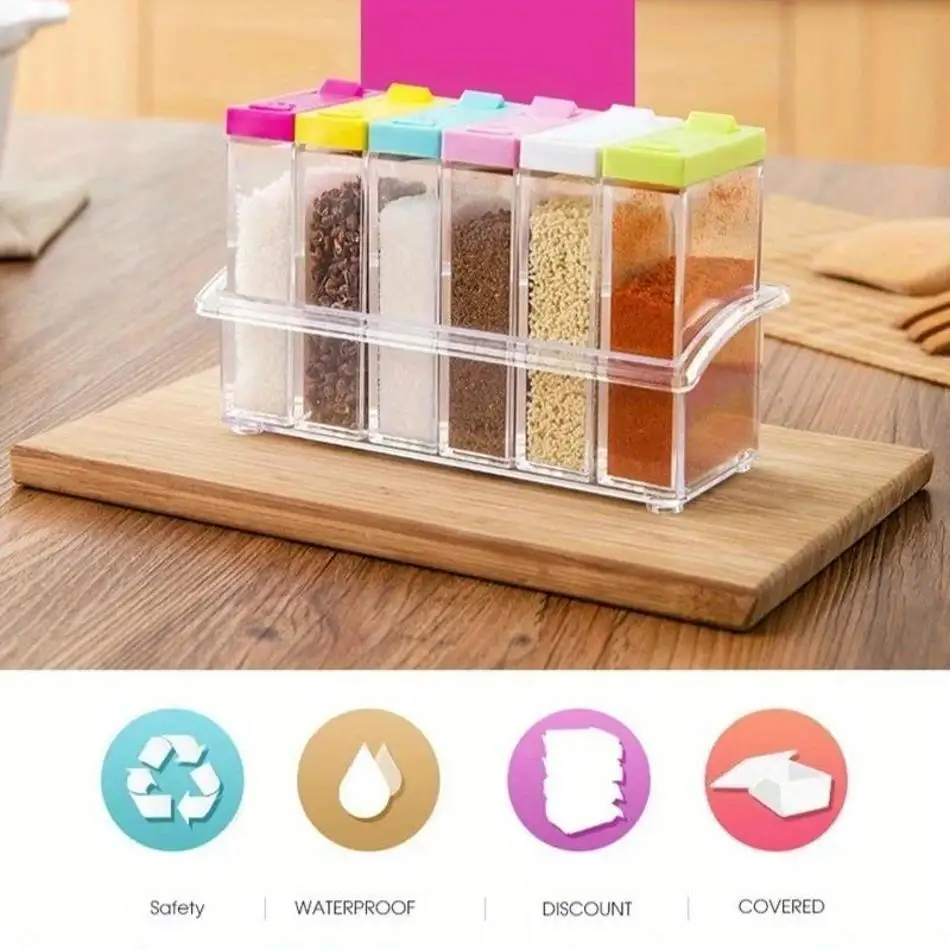 6Pcs/Set Spice Jar Seasoning Box Kitchen Spice Storage Bottle Jar Transparent PP Salt Pepper Cumin Powder Box Kitchen Tool