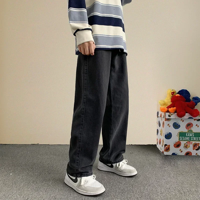 2024 New Korean Fashion Baggy Jeans Men Streetwear Loose Straight Wide Leg Pants Male Brand Clothing Black Light Blue 2