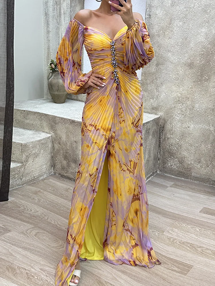 

Женское платье с открытыми плечами и длинным рукавом, шикарное женское платье макси в стиле пэчворк с разрезом, праздничные Клубные платья до пола, платье