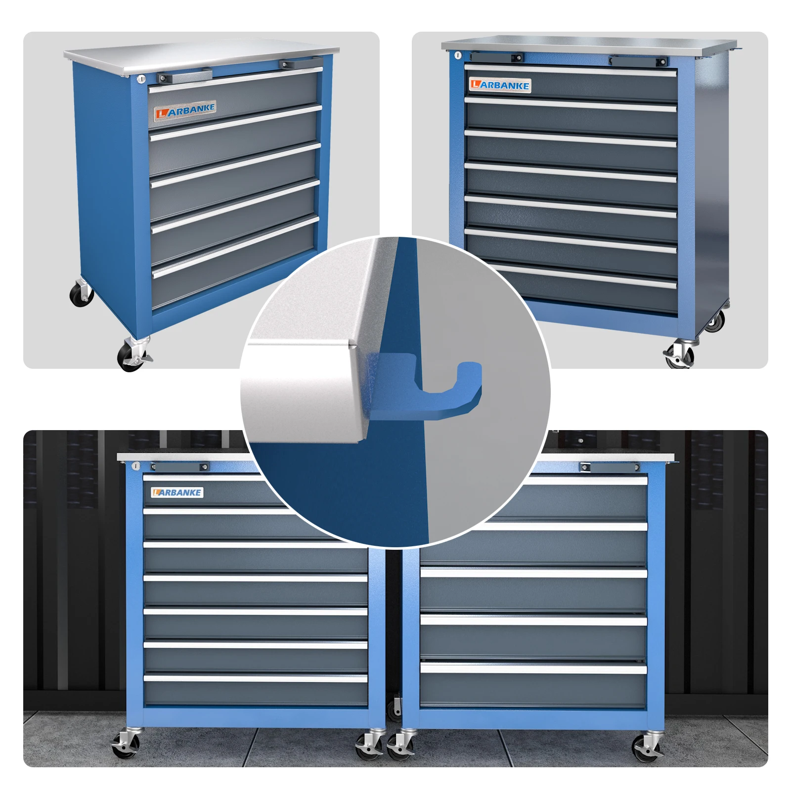Combination Tool Cabinet,7 Drawer Tool Chest and 5 Drawer Tool ChestRolling Tool Chest with 360° Brake Wheels and Padded Feet 4