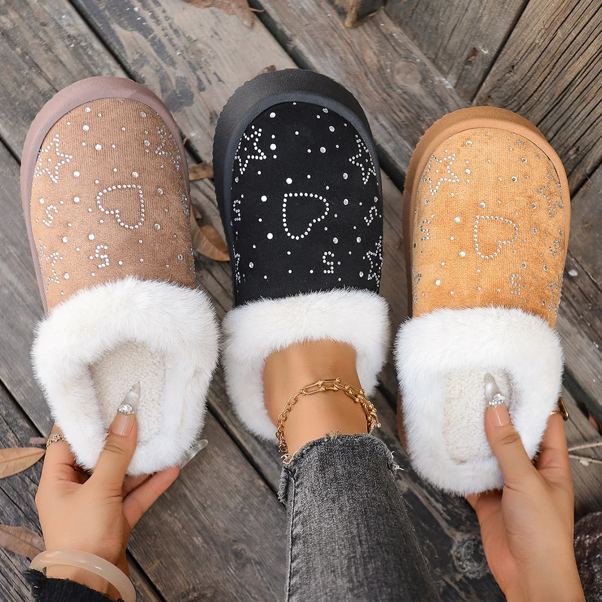 Comfortable Plush Cotton Slippers for Women, Thick Bottom, Anti Slip, Sexy, Elegant, Flat, Warm, Casual, Winter, Fashion, New