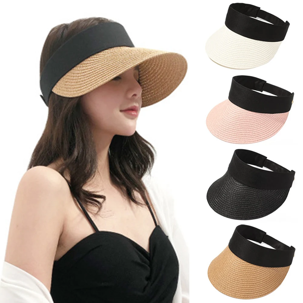 Foldable Portable Beach Hat Wide Brim Sun Hat Roll-up Summer Casual Straw Cap Visors For Women