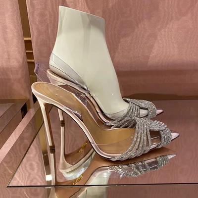 

Transparent New Sandals Women's 22 Spring and Summer New Cross Rhinestone Pointed High Heels Pink Diamond Fairy Wedding Shoes