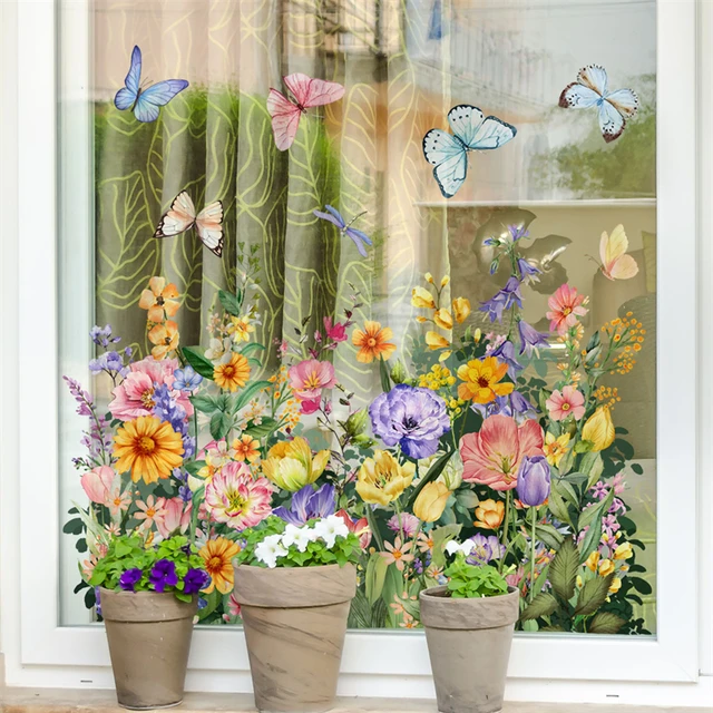 Adesivi Fiori E Farfalle Per Finestre - 10 Vasi E 20 Farfalle, Decorazione Colorata