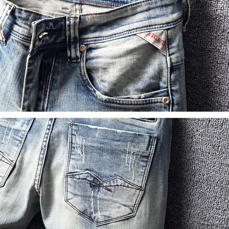 Fashion Designer Men Jeans High Quality Retro Light Gray Blue Elastic Slim Fit Ripped Jeans Men Patched Vintage Pants Hombre