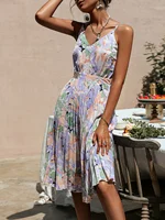 V-neck holiday pleated summer dress women straps floral sexy beach sundress Sexy casuals