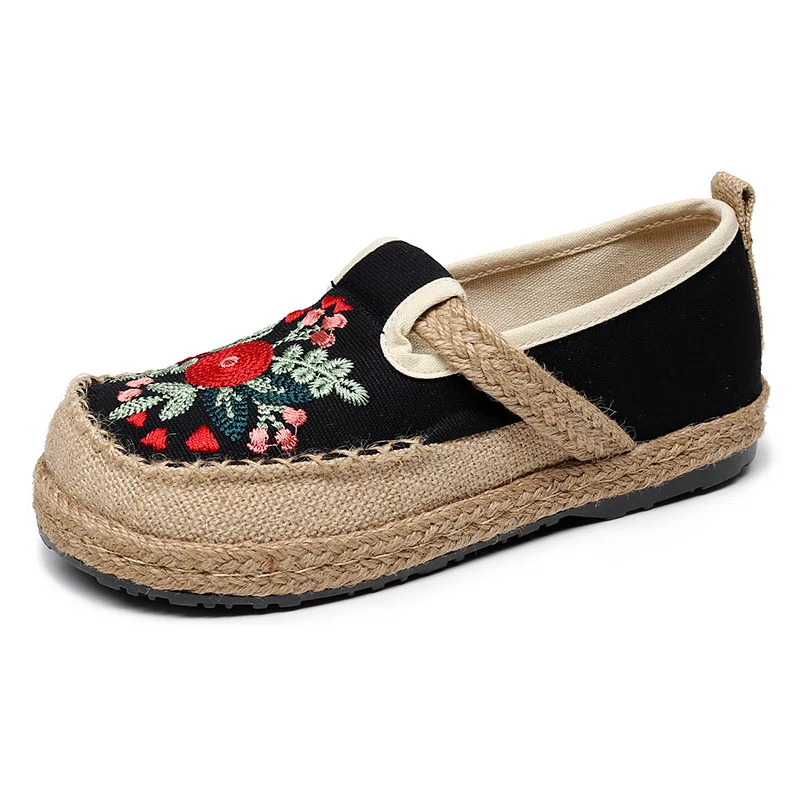 Flats Women Shoes 2021 New Cotton Linen Embroider Retro Concise Round Toe Flower National Style Handmade Ladies Shoes 