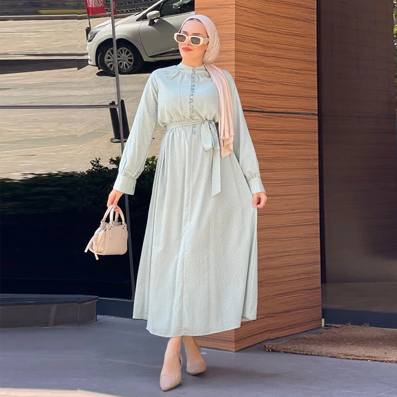 

Women's 2023 Autumn New Style Temperament Half High Neck Long Sleeve Waist Mid length Polka Dot Dress elegant Middle East Arab
