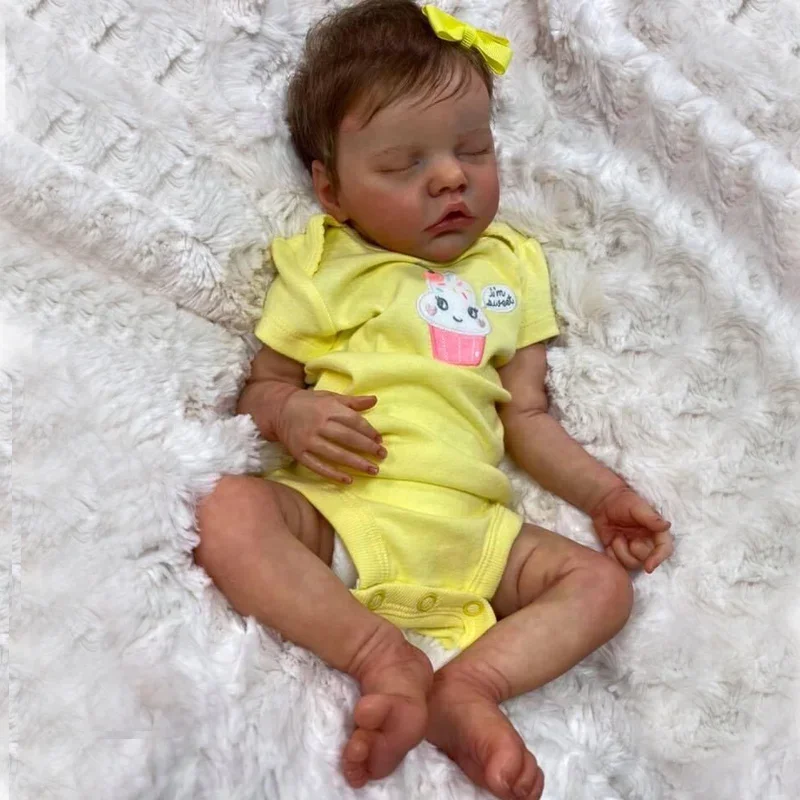45CM Reborn Doll Silicone Newborn Doll Sweet Baby Girl In Yellow Dress Detailed Hand Painting Real Soft Touch Reborn Baby Dolls