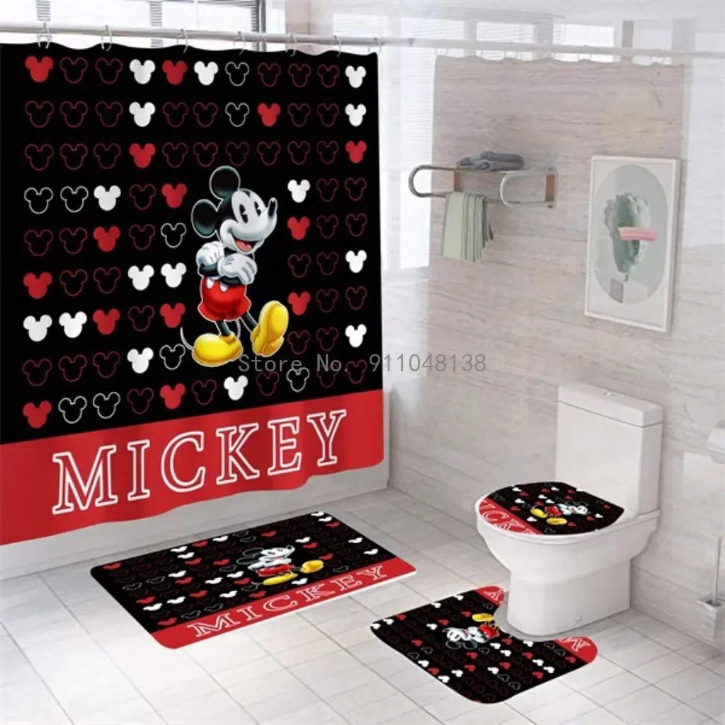 4pcs Disney Mickey Mouse Print Shower Curtain Carpet Colorful Toilet Cover Bath Mat Rug Pad Set Bathroom Curtain Hooks