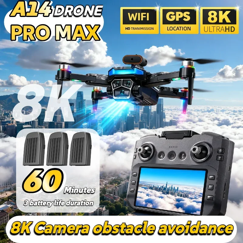 A14 Pro Max Drone con 3 batterie Brushless 8K Doppia fotocamera Evitamento ostacoli Pieghevole Quadcopter RC Schermo Distanza Drone Giocattoli - immagine 3
