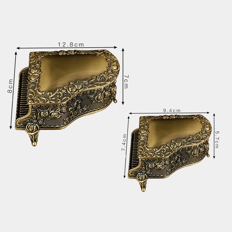 European The Piano Shaped And Rose Design Storage Organizer Luxury Bronze Jewelry Box For Birthday Gift